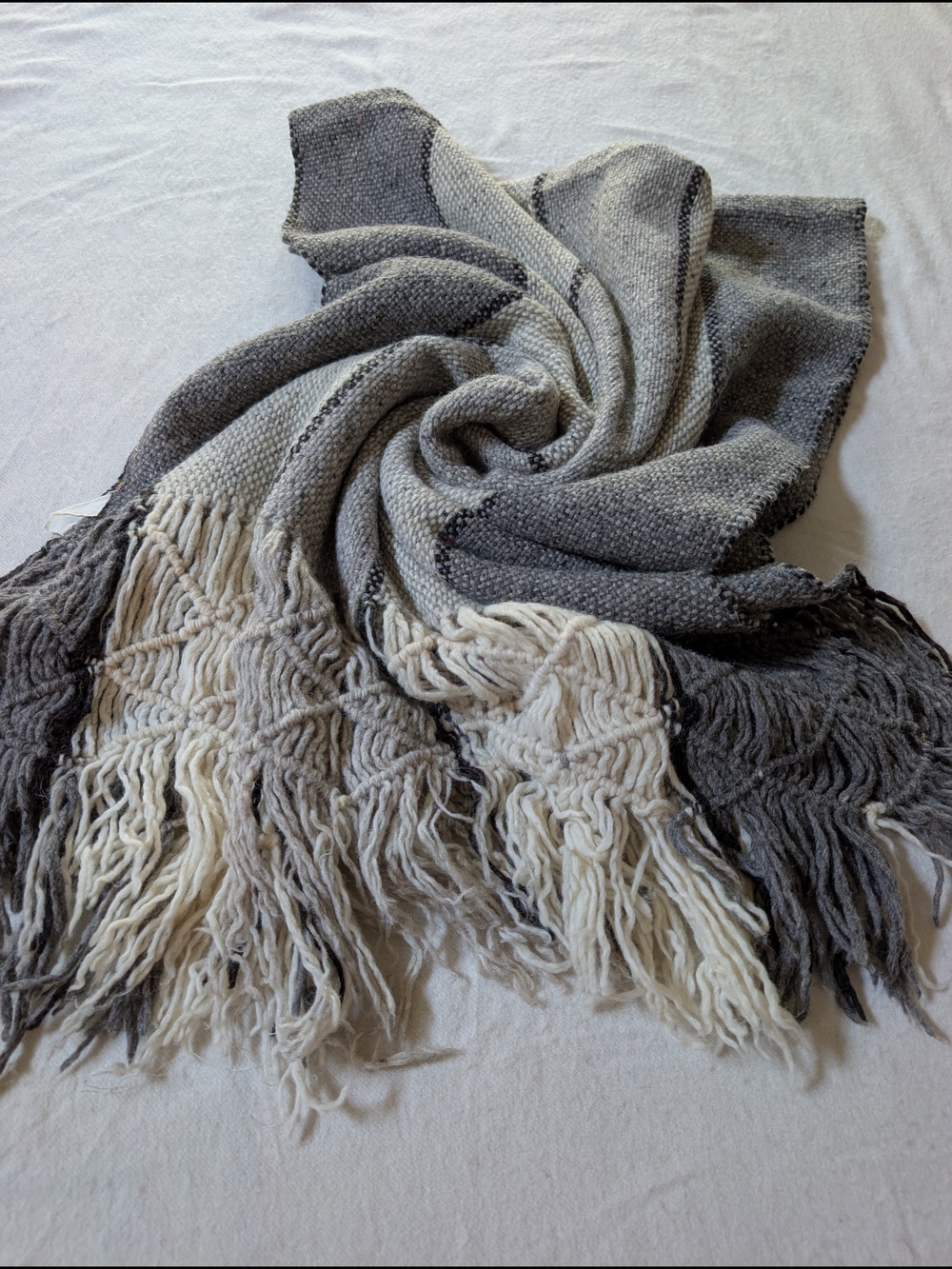 Wool Gray & Cream Fringe Scarf Or Shawl
